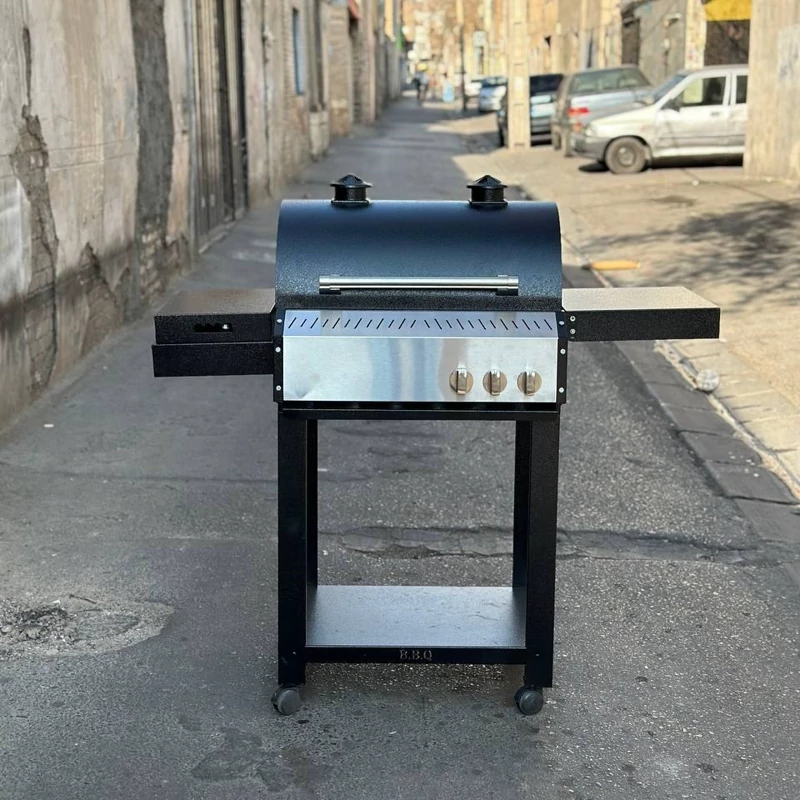 باربیکیو محفظه استیل پلوپزدار 90 سانتی لوله و محفظه استیل 304 درب دوجداره گریل دار رویه چدنی کباب پز منقل گازی پسکرایه