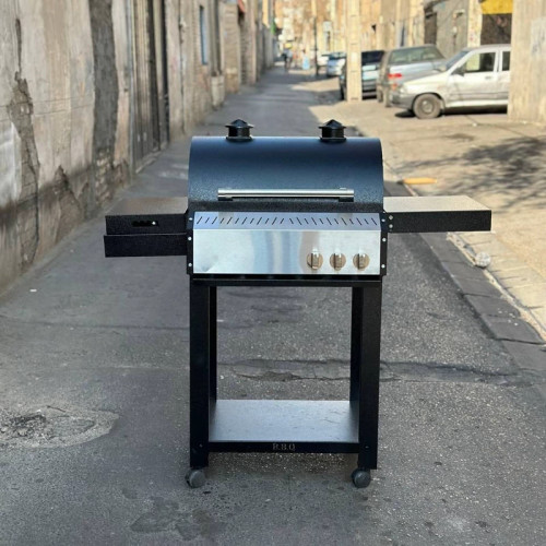 باربیکیو محفظه استیل پلوپزدار 90 سانتی لوله و محفظه استیل 304 درب دوجداره گریل دار رویه چدنی کباب پز منقل گازی پسکرایه