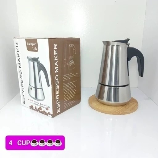 موکاپات یونیک لایف استیل براق وارداتی اصلی (استیل ضخیم) 4 کاپ،اسپرسو ساز،قهوه ساز رو گازی،موکاپات استیل،پسکرایه4 کاپ